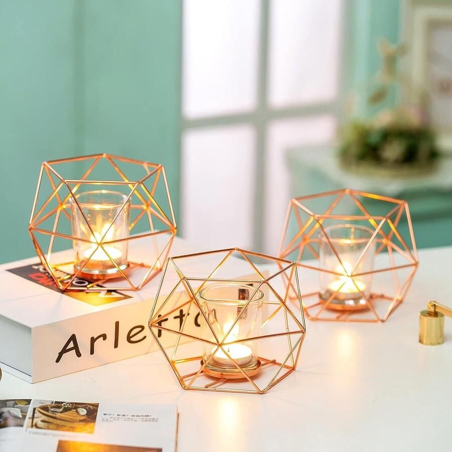 Theelichthouder kaarsenhouder metaal roségoud set van 2 geometrische theelichtjes kaarsenstandaard stompkaars windlicht modern geo-decoratie voor tafeldecoratie feest bruiloft