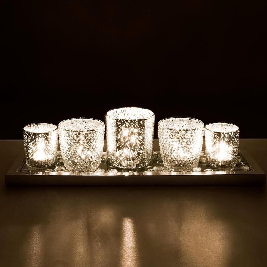 Theelichthouderset 5 stuks kaarsenhouders glas met dienblad en glassteen romantische zilveren theelichtglazen voor tafeldecoratie windlicht glas voor Kerstmis bruiloft vakantiedecoratie