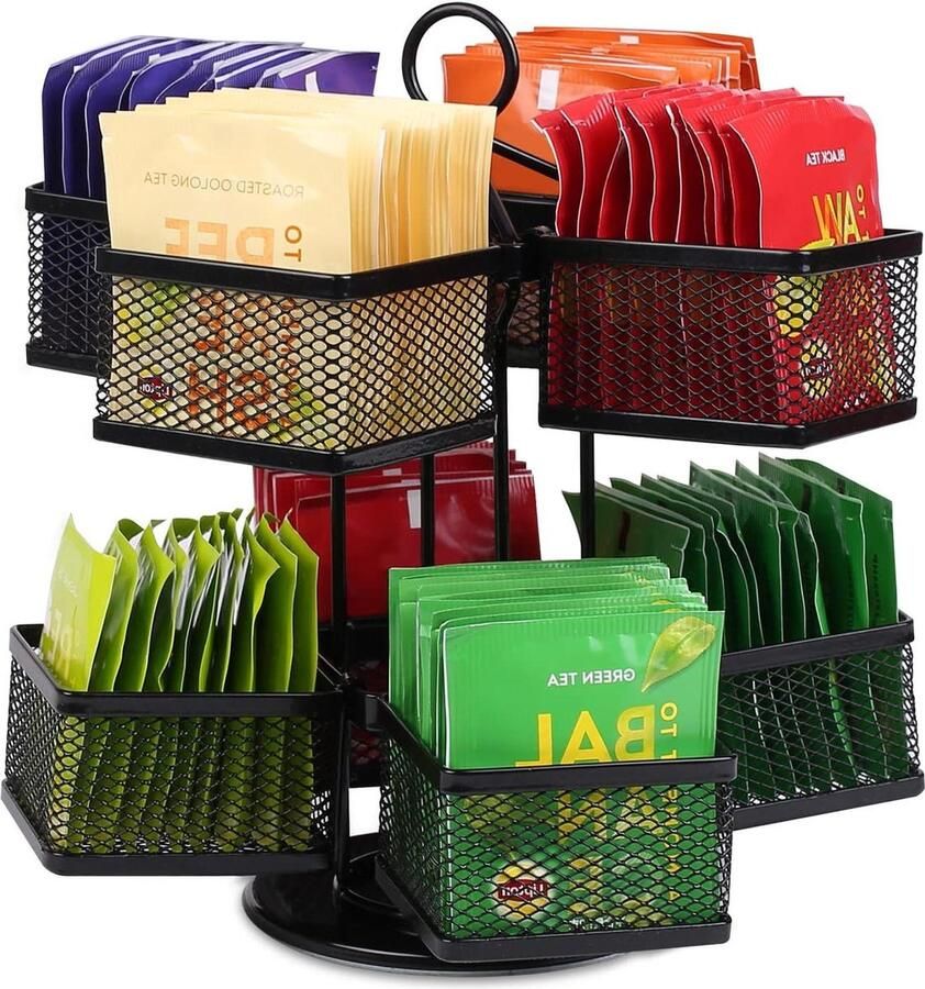 Theeopslag Lazy Susan met 8 vakken 360 graden draaibare theezakje opbergdoos 2 etages draaitafel organizer voor theezakjes koffiepad zwart