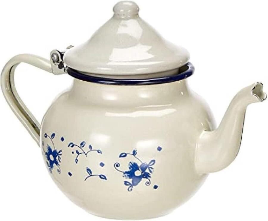 Theepot 07 l geëmailleerd staal wit-blauw traditioneel design geschikt voor gasfornuis