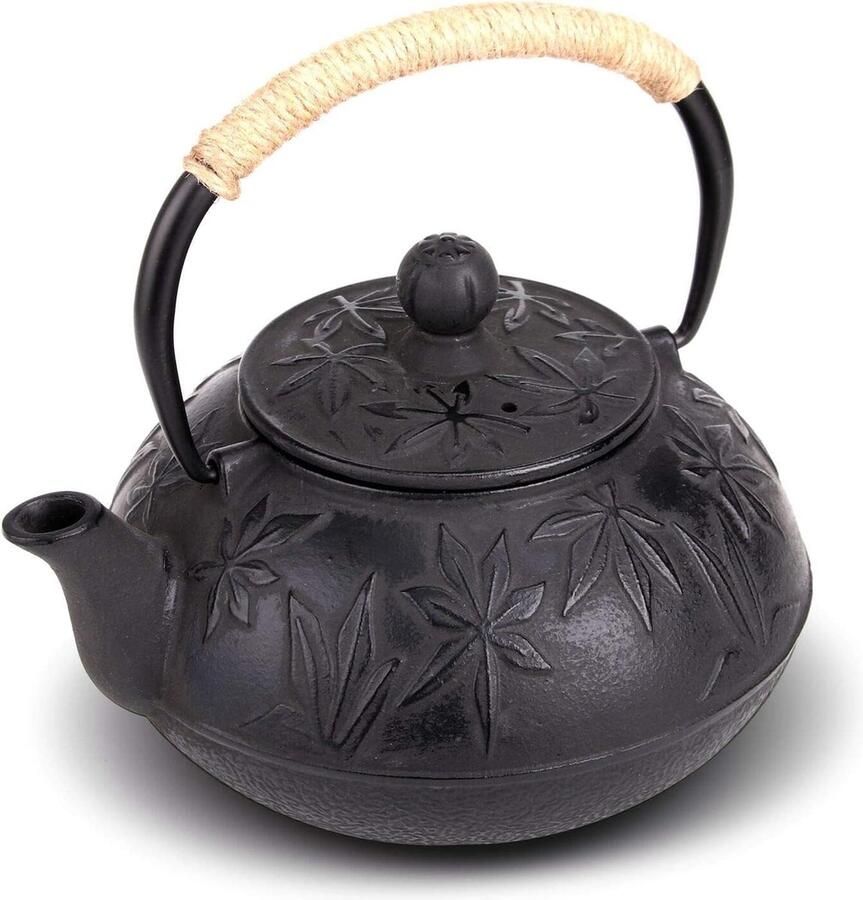 Theepot gietijzer 800 ml Aziatische theepot met roestvrijstalen zeef zwarte esdoornbladeren
