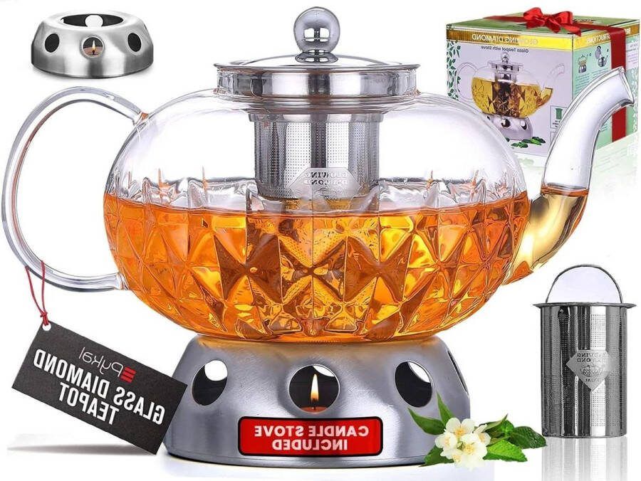 Theepot Glazen Met Afneembaar Olievat Inclusief Kaarsenwarmer Glinsterende Diamanten Losse & Bloeiende Thee Kookplaat Compatibel 1.2 L