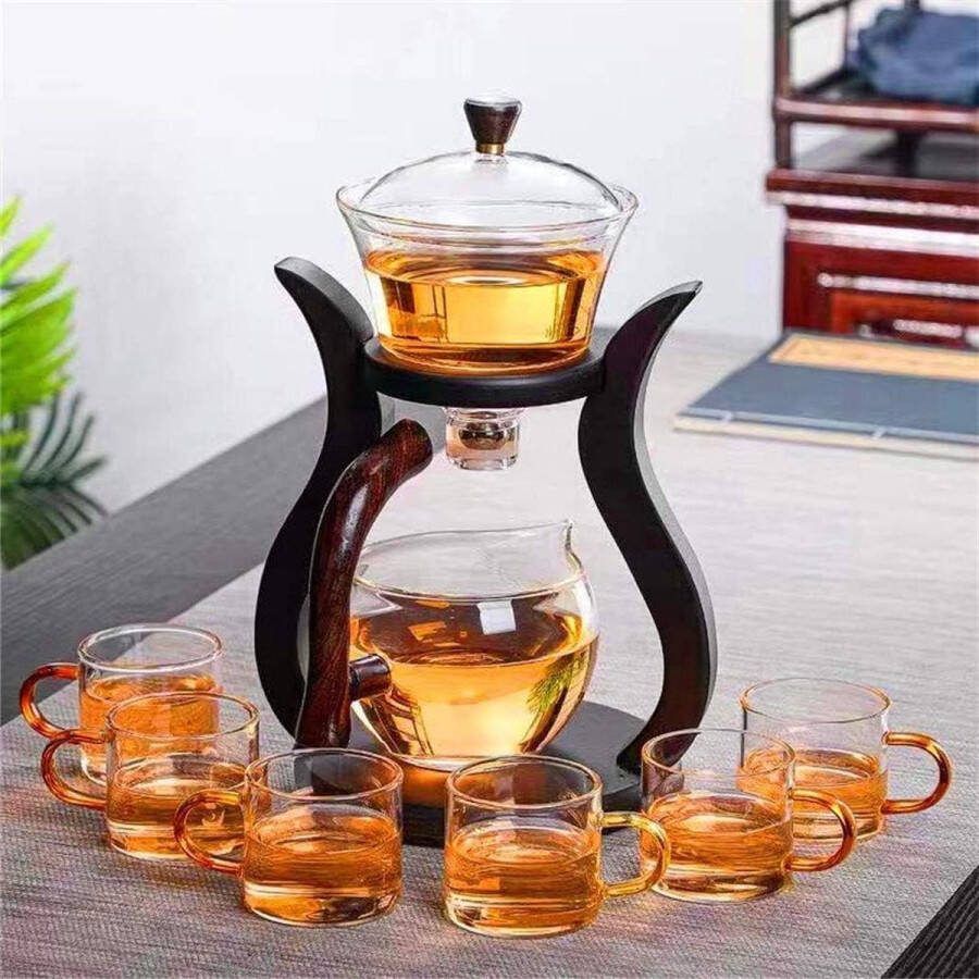 Theepot Lazy Kungfu Theeservies van glas magnetisch draaideksel halfautomatisch- 6 theekopjes