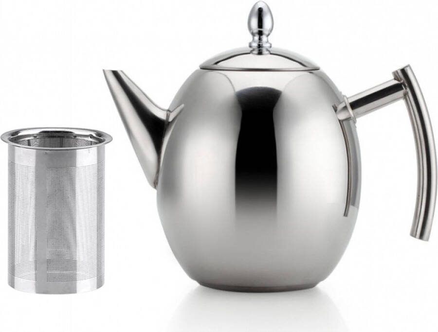 Theepot met filter 1.5L Voor Losse Thee Theebloemen Roestvrijstalen Thermoskan RVS Theekan theemaker losse thee theebereider Geborsteld Zilver Precieze Schenktuit