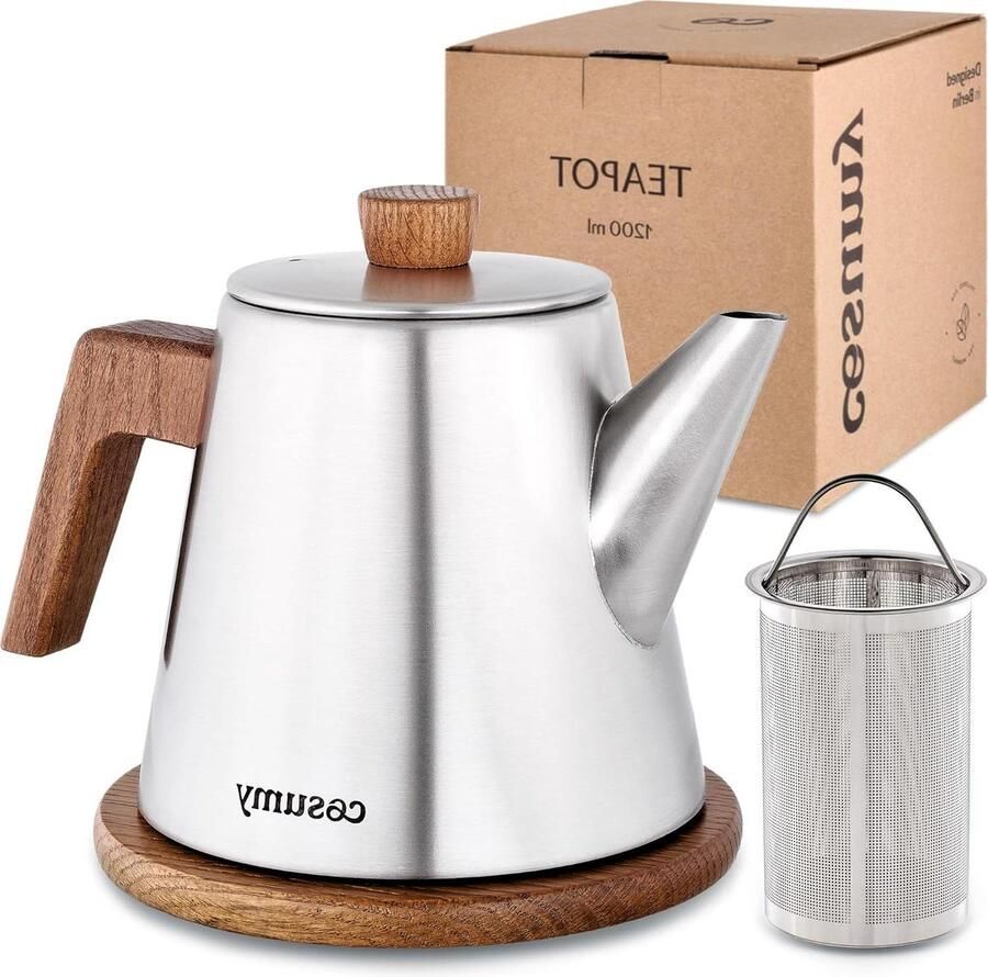 Theepot met Filter Onderzetter 12 liter Waterkoker Inductie Fornuizen Roestvrij staal FSC-gecertificeerd hout