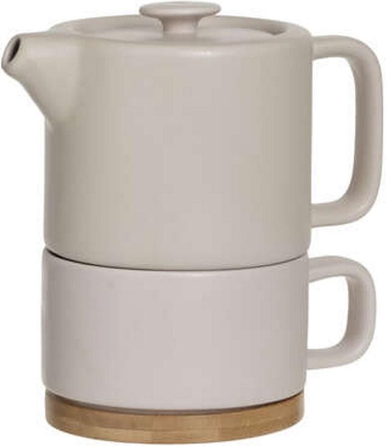 Theepot met kopje in keramiek en bamboe onderzetter crème wit