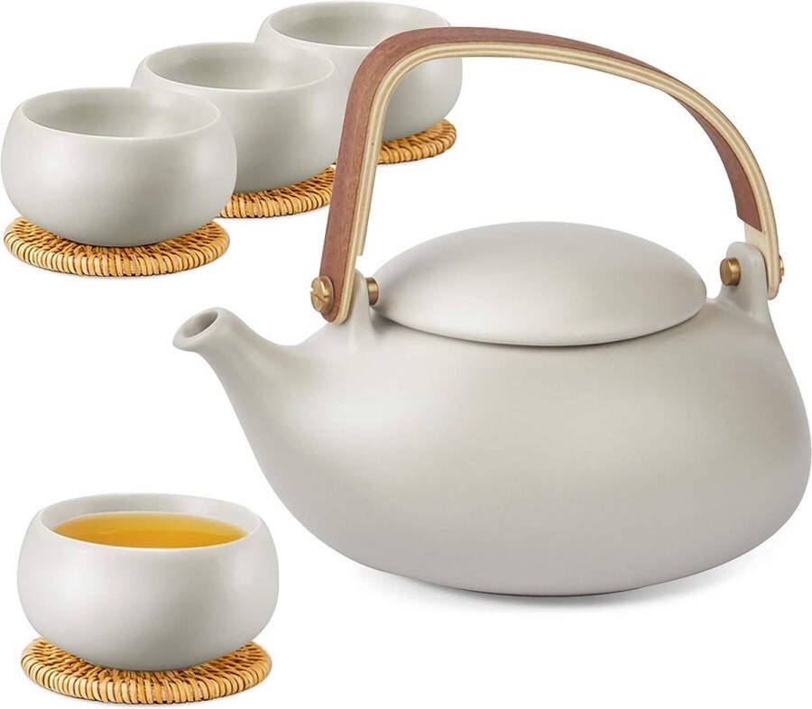 Theepot porselein set theeservies Japanse met zeef voor losse thee 800 ml mat keramiek Chinese theepot met 4 kopjes 130 ml met handvat van beukenhout en rotan onderzetter grijs