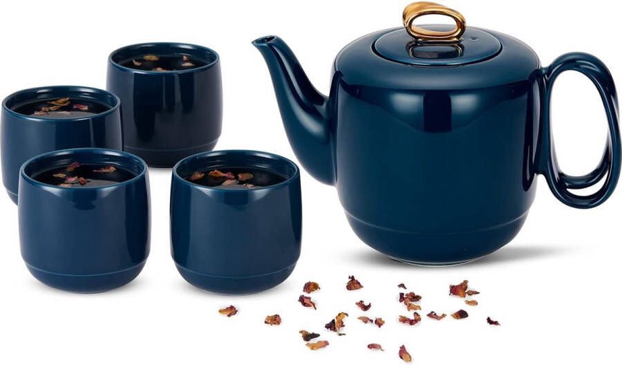 Theepot porseleinen set gedraaid handvat 4 kopjes theeservies met zeefinzet voor losse thee 1000 ml luxe gouden afwerking gladde marineblauwe keramische kan voor geschenken