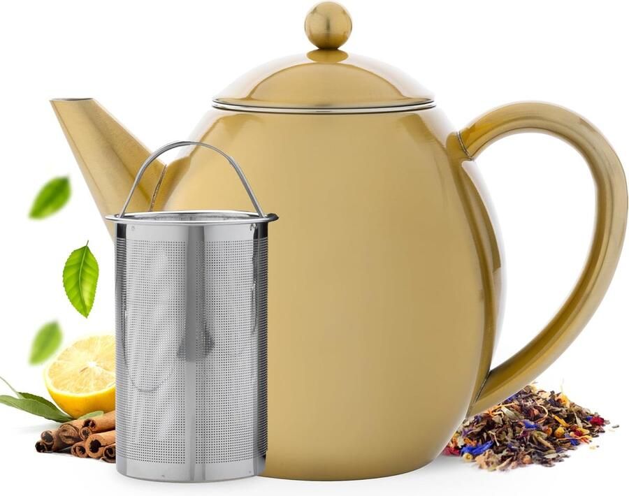 Theepot Roestvrij staal Roestvrij staal goud Dubbelwandig 1 2 liter Druppelt niet Houdt thee lang warm Inclusief filter Mooi en functioneel ontwerp Roestvrij