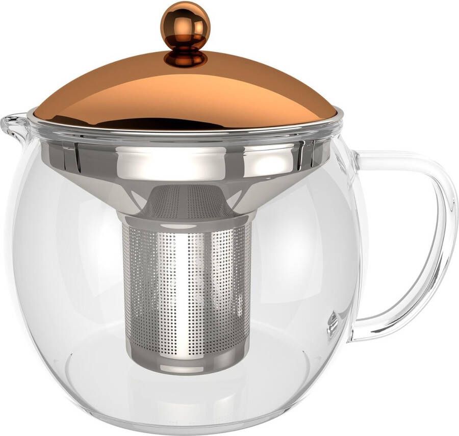 Theepot Tempa theemaker met afneembare roestvrijstalen zeef glazen kan van borosilicaatglas hittebestendig glazen theepot met deksel in koper-chroomlook thee-ei 1500 ml