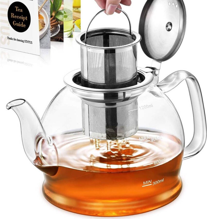 Theepot van 1200 ml glazen theepot met infuser borosilicaat theepot met roestvrijstalen zeef voor losse thee theepot voor 4-6 kopjes