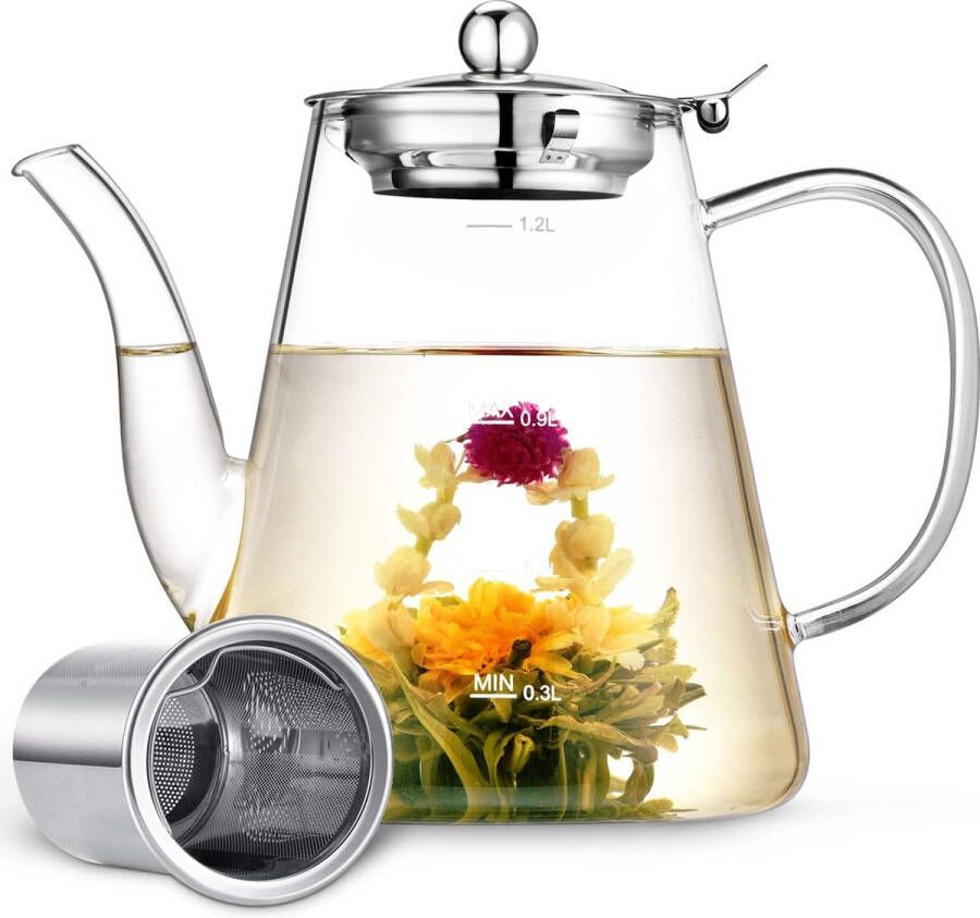 Theepot van glas 1200 ml met zeefopzetstuk hittebestendig uitneembare roestvrijstalen zeef theezeef borosilicaatglas theemaker met deksel voor theebloemen losse thee en theezakjes