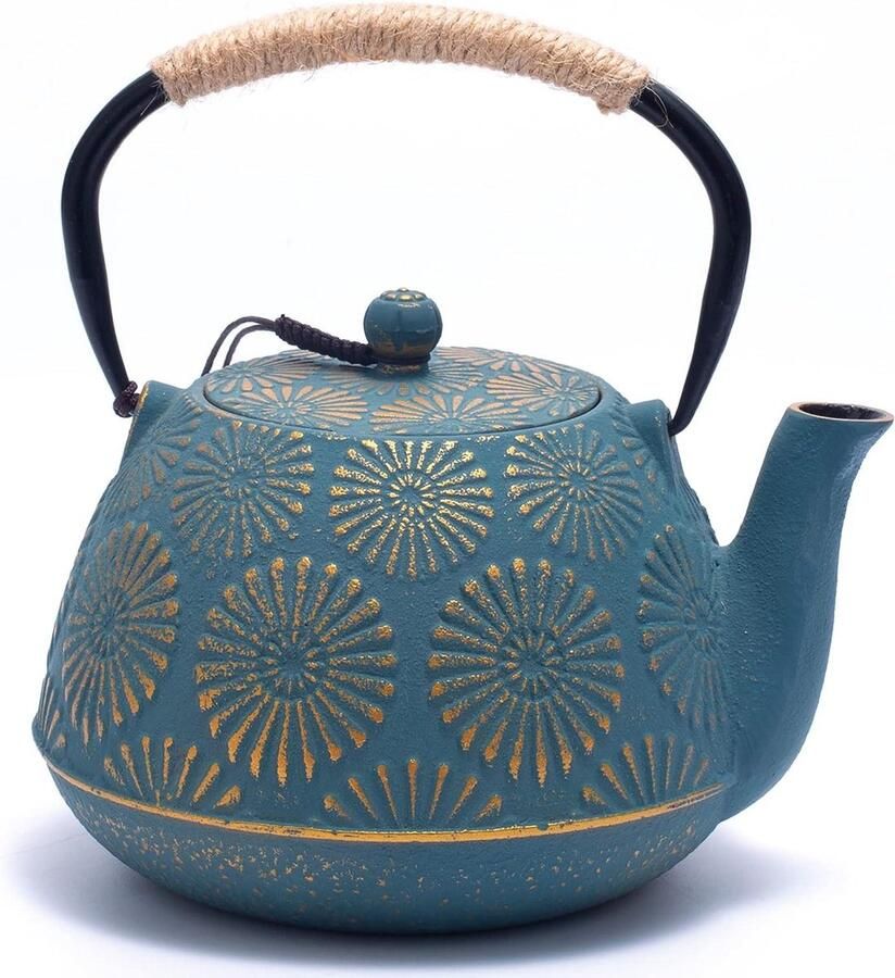 Theepot voor fornuistop Gietijzer thee\-ketel met infuser 1200ml capaciteit Sakura Design Japanse theepot Geëmailleerd interieur Groen
