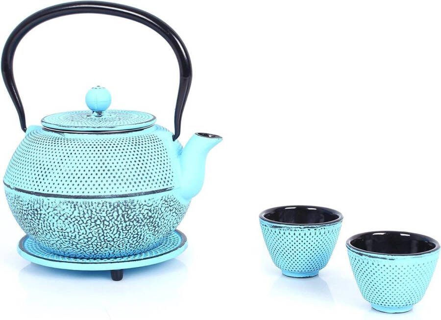 Theeservies Gietijzeren theepot 1 1L Afneembare zeef Theemaker met onderzetter Theepotset Vintage design Bereiden van losse thee Lichtblauw