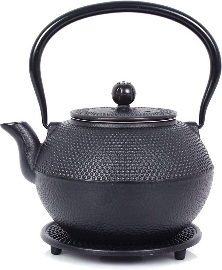 Theeservies van gietijzer theepot 1 l met afneembare zeef theemaker met onderzetter theepotset in vintage design voor het bereiden van losse thee zwart