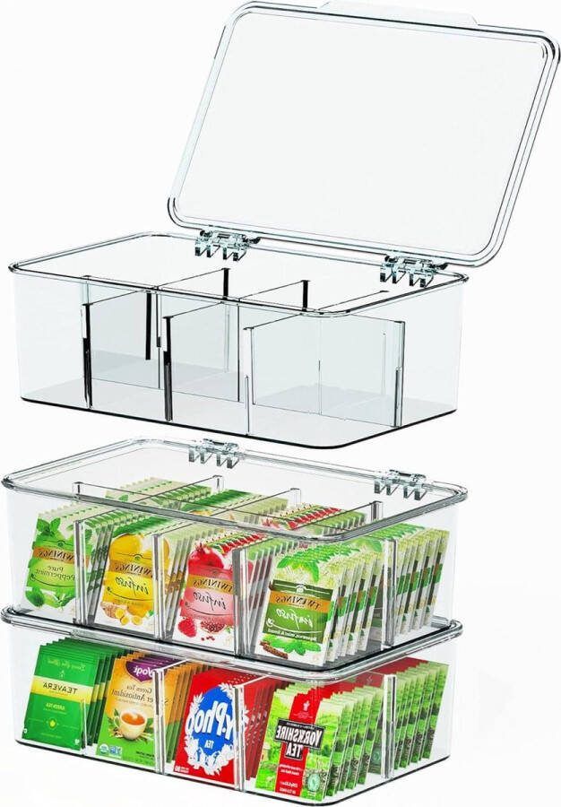 Theezak-organizer voor werkbladen en keukenkasten 3 stuks stapelbare theezakjes opbergorganizer met helder deksel theezakhouder voorraadkamers- zoetstoffen kunststof (transparant)