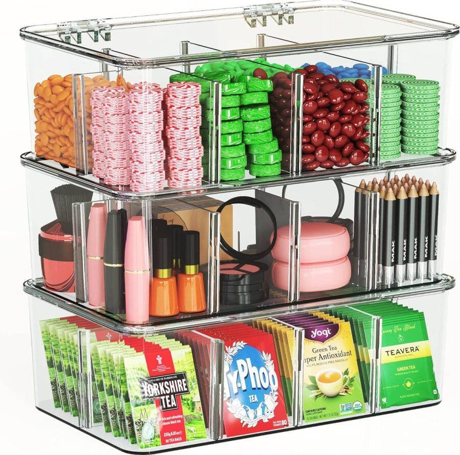 Theezakorganizer set van 2 stuks stapelbare theezakjes opbergorganisator met helder deksel theezakjeshouder voor werkbladen keukenkasten voorraadkamer zoetstof (transparant)