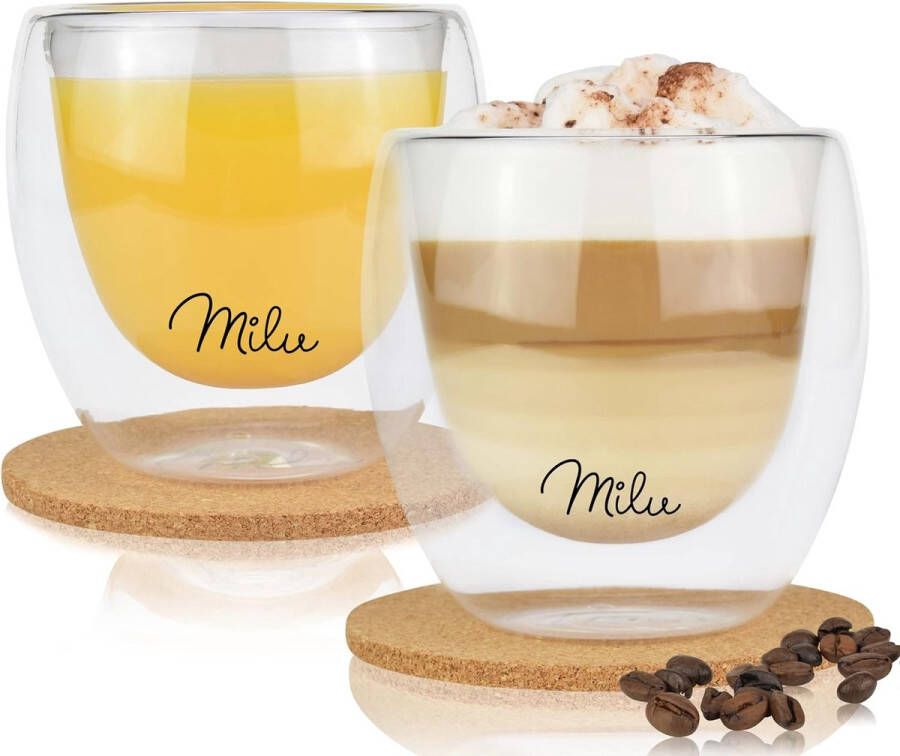 Thermische Glazenset 4 Verschillende Maten Dubbelwandige Espressoglazen Koffieglazen Latte Macchiato Cappuccinoglas Geïsoleerd glas vaatwasmachinebestendig (2 glazen 250 ml)