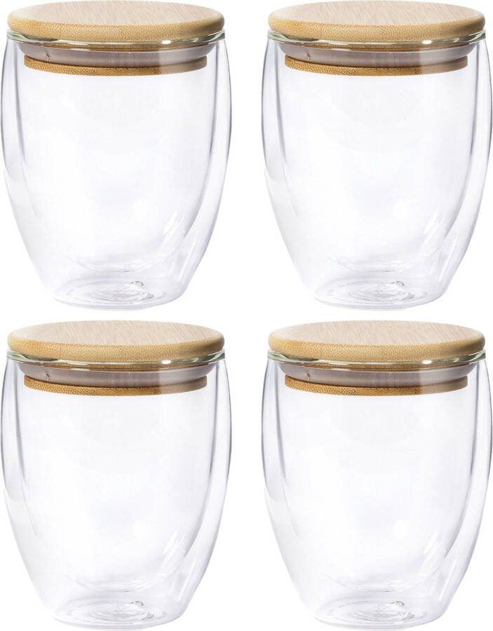 Merkloos Thermische koffieglazen theeglazen dubbelwandig 4x met bamboe deksel 250 ml Koffie- en theeglazen