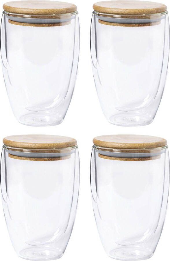 Merkloos Thermische koffieglazen theeglazen dubbelwandig 4x met bamboe deksel 350 ml Koffie- en theeglazen