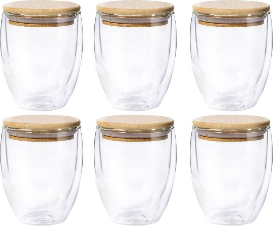 Thermische koffieglazen theeglazen dubbelwandig 6x met bamboe deksel 250 ml