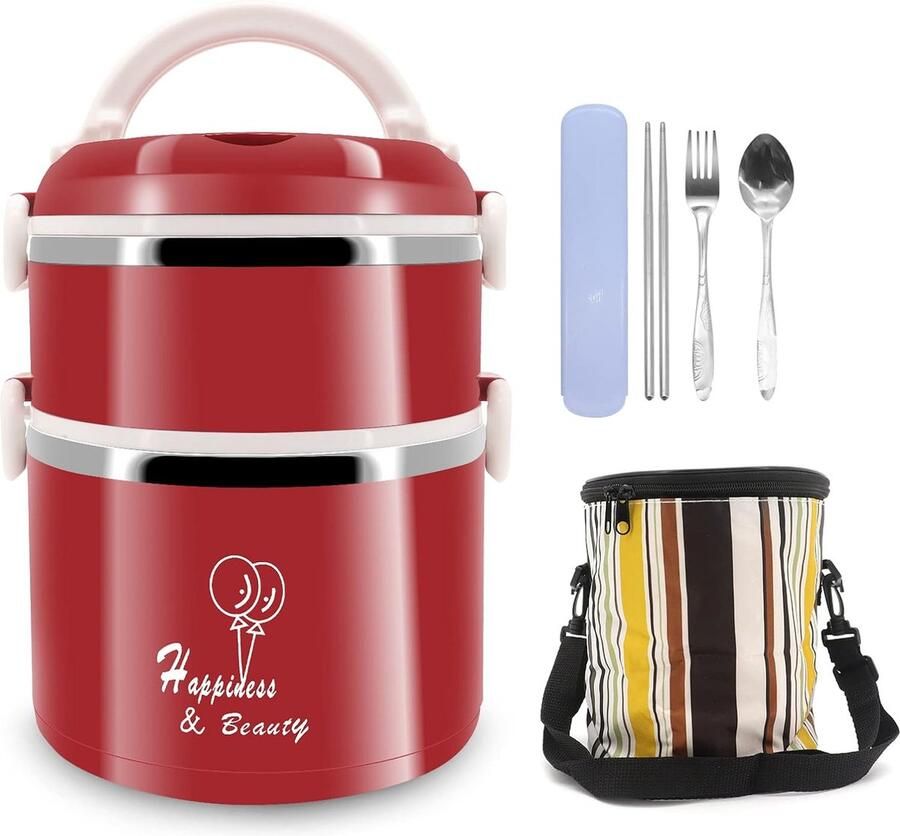 Thermische lunchbox roestvrijstalen lunchbox met vakken voor volwassenen en kinderen bentobox met isolatiezak lunchbox bentobox lekvrij BPA-vrij (rood)