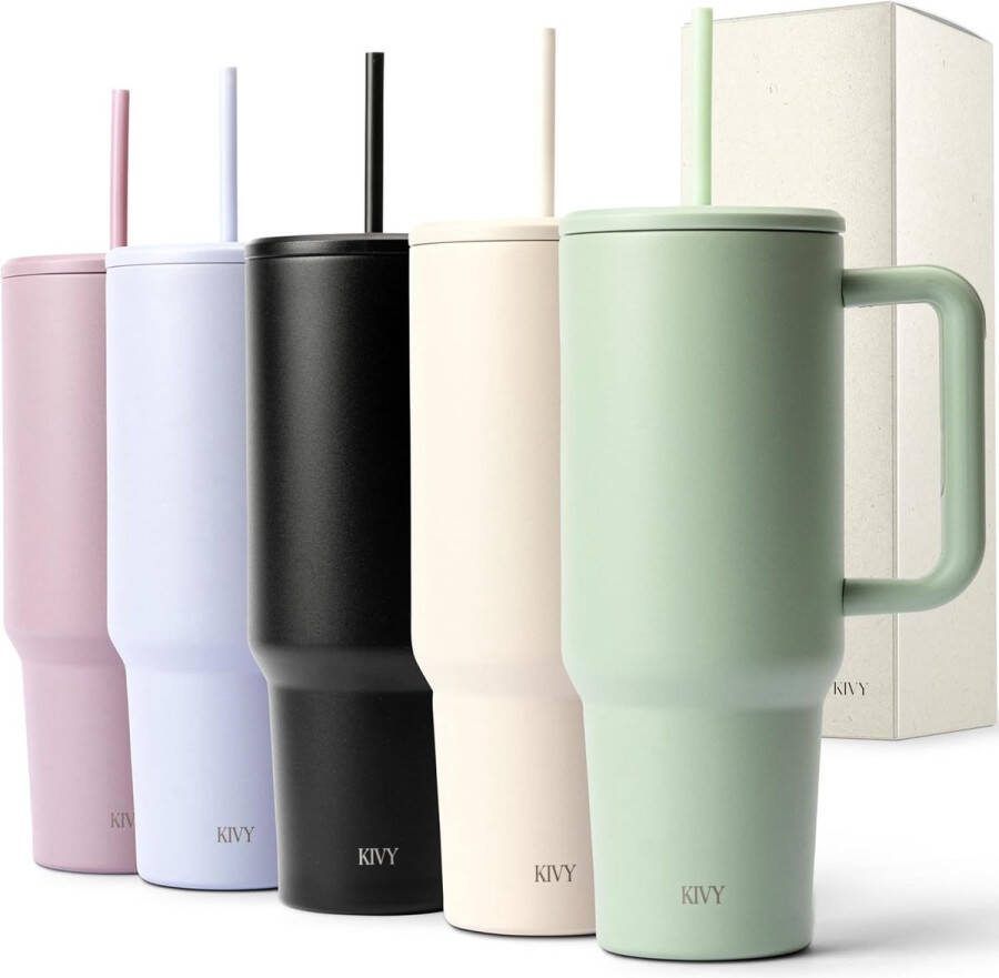 Thermische mok met rietje en handvat [24 uur ijskoud] 1200 ml roestvrijstalen geïsoleerde mok met handvat drinkbeker met deksel en rietje beker modern beker passend bij rietje