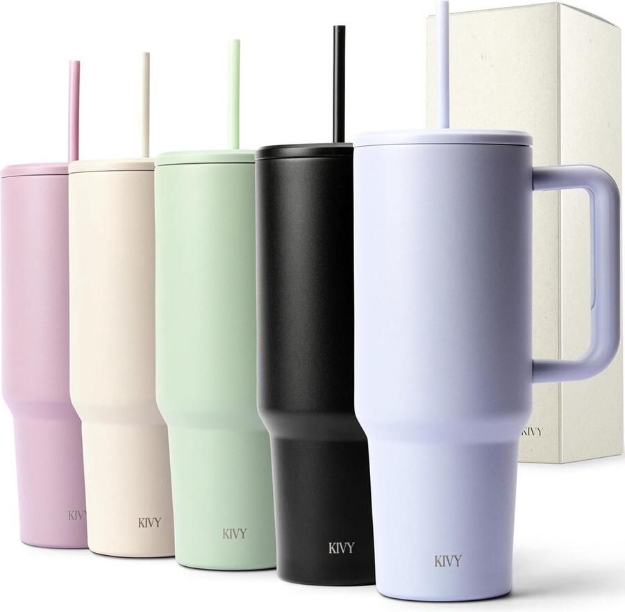 Thermische mok met rietje en handvat [24 uur ijskoud] 1200 ml roestvrijstalen geïsoleerde mok met handvat drinkbeker met deksel en rietje beker modern beker passend bij rietje