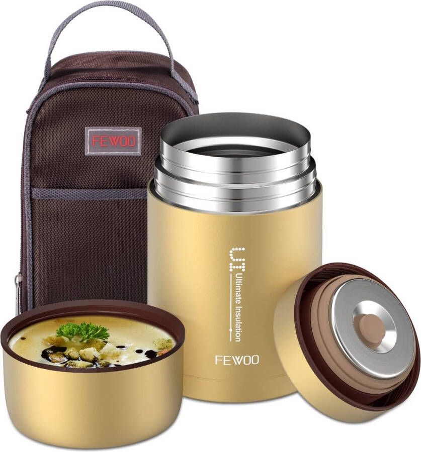 Thermische voedselcontainer 800 ml thermische mok voedsel thermische lunchbox thermische doos voor voedsel warmhoudcontainer voedsel roestvrijstalen thermische mok met tas (Champagne Gold)