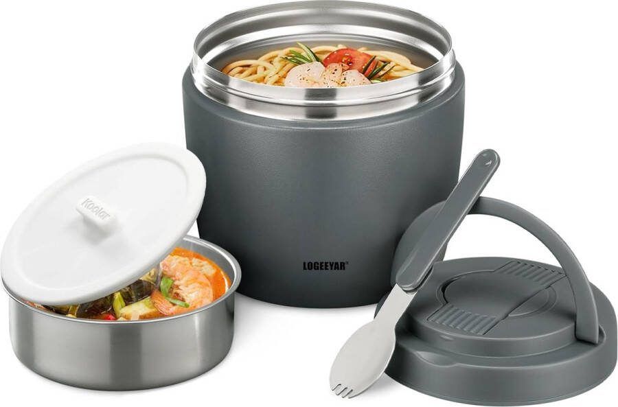 Thermische Voedselcontainer 900 ml Thermoskom met Deksel Roestvrijstalen Verwarmingscontainer met Lepel Thermosfles Voedsel Lekvrij Thermische Lunchbox voor Soepen Baby Pap Grijs
