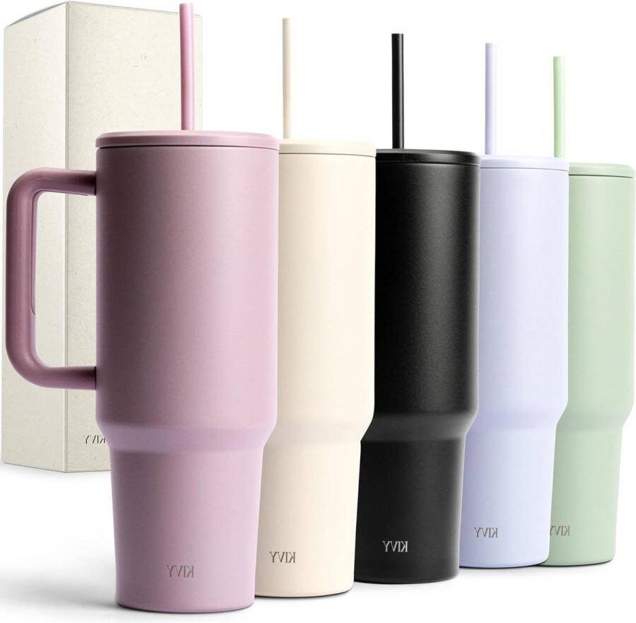 Thermobeker 1200 ml 24 uur ijskoud roestvrij staal isolatiebeker met handvat en rietje moderne tuimelbeker met deksel drinkbeker om mee te nemen met rietje