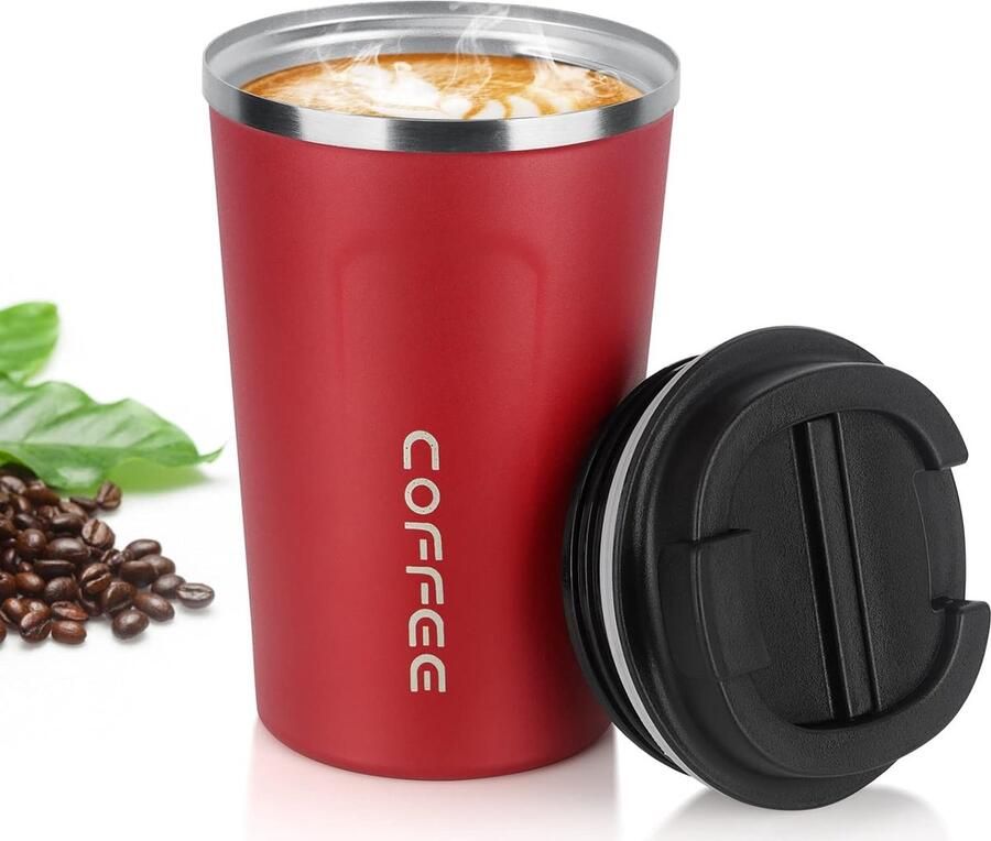 Thermobeker 380 ml roestvrij stalen koffiebeker met lekvrij deksel isolatiebeker vacuüm lekvrije reisbeker dubbelwandig geïsoleerd autobeker voor koffie thee water (rood)