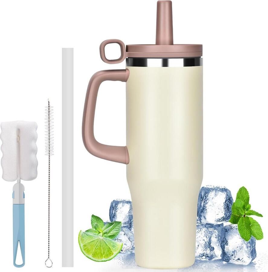 Thermobeker drinkbeker met handvat deksel rietje H to go koffiebeker 12 l 40 ml lekvrij valpreventie beige