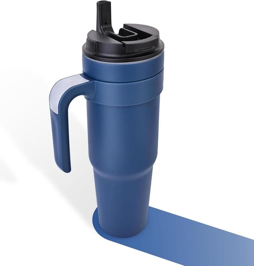 Thermobeker koffie-to-go drinkbeker deksel rietje 1200 ml Quencher Tumbler thermo 12 uur koud lekvrij blauw