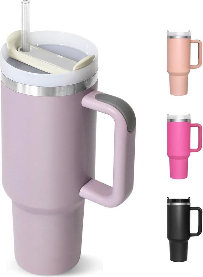 Thermobeker met rietje 1180 ml Termokoffiebeker om mee te nemen drinkbeker met deksel en rietje roestvrijstalen isolatiebeker met handvat tuimelbeker voor koude en warme dranken thermobeker