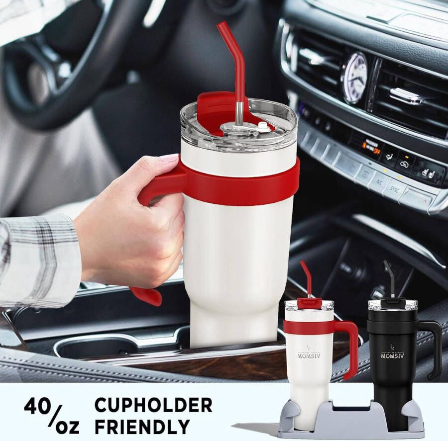 Thermobeker met rietje en handvat 1100 ml koffiebeker dubbelwandig roestvrij staal vacuüm lekvrij isolatiebeker autobeker met deksel voor koude warme dranken wit