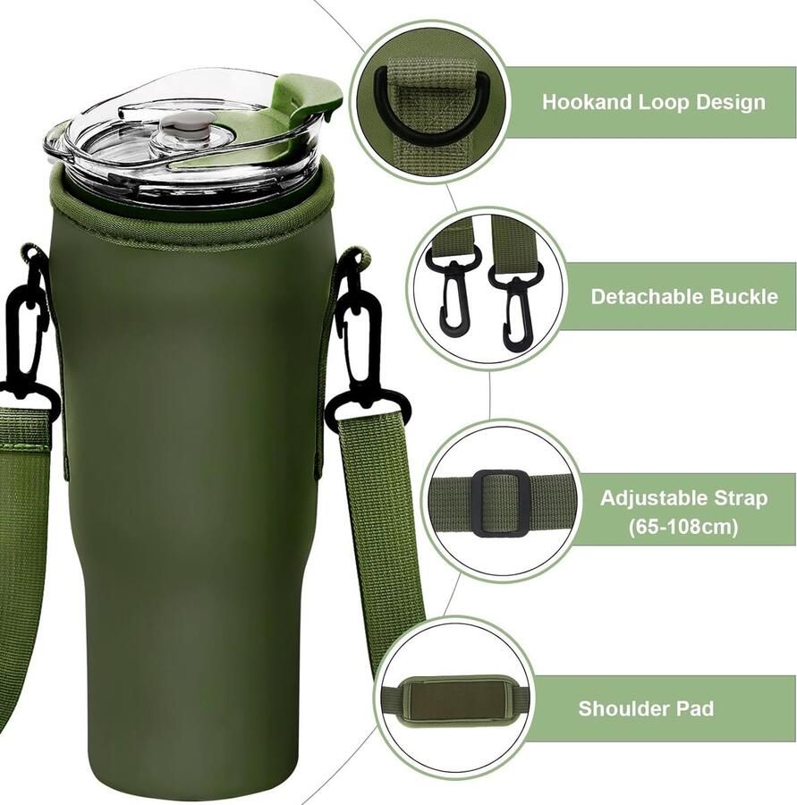 Thermobeker met rietje en handvat 1100 ml vaatwasmachinebestendig koffiebeker dubbelwandig roestvrij staal vacuüm lekvrij isolatiebeker voor koude warme dranken groen met bekerhouder
