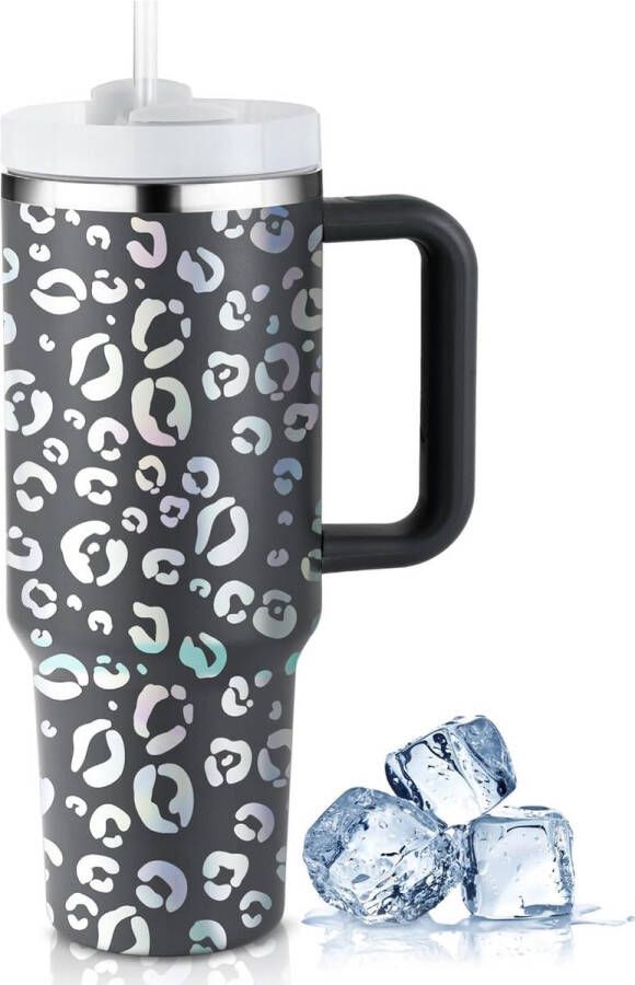 Thermobeker met rietje en handvat 1180 ml dubbelwandig roestvrij staal vacuüm drinkbeker voor thuis en op reis donkergrijs