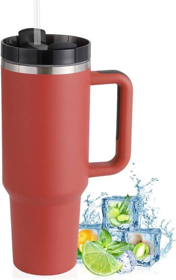 Thermobeker met rietje en handvat 1180 ml dubbelwandig roestvrij staal voor warme en koude dranken koffiebeker voor thuis reizen Kerstmis rood