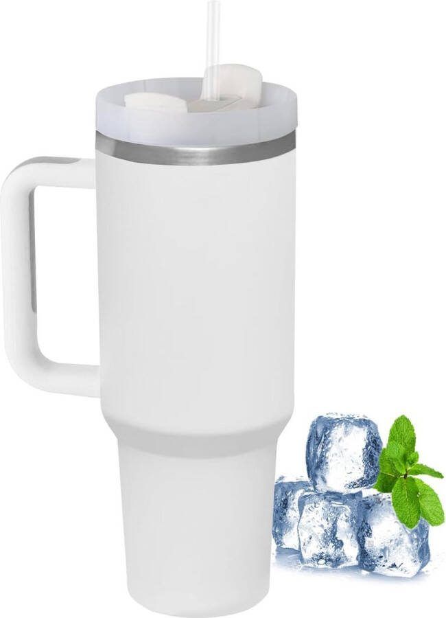 Thermobeker met rietje en handvat 1180 ml koffiebeker met deksel dubbelwandige roestvrijstalen vacuüm-isolatiebeker draagbare autobeker voor koude en warme dranken wit