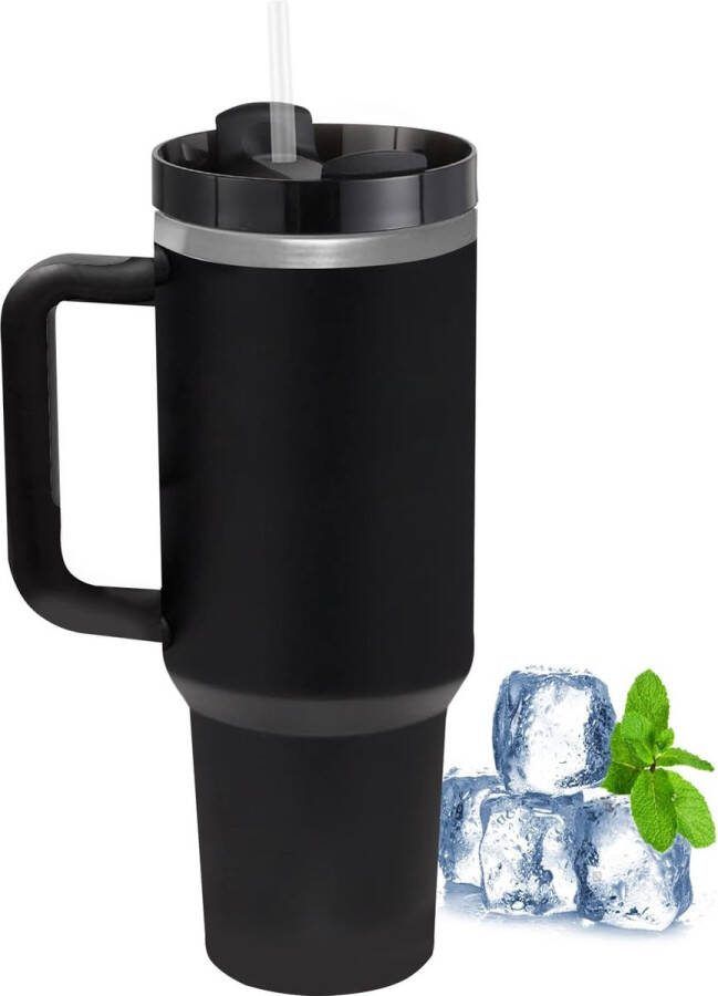 Thermobeker met rietje en handvat 1180 ml koffiebeker met deksel dubbelwandige roestvrijstalen vacuüm-isolatiebeker draagbare autobeker voor koude en warme dranken zwart