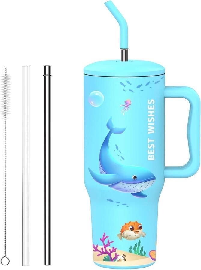 Thermobeker met rietje en handvat 1200 ml koffiebeker To Go met deksel dubbelwandige roestvrijstalen vacuüm-isolatiebeker draagbare autobeker voor warme en koude dranken