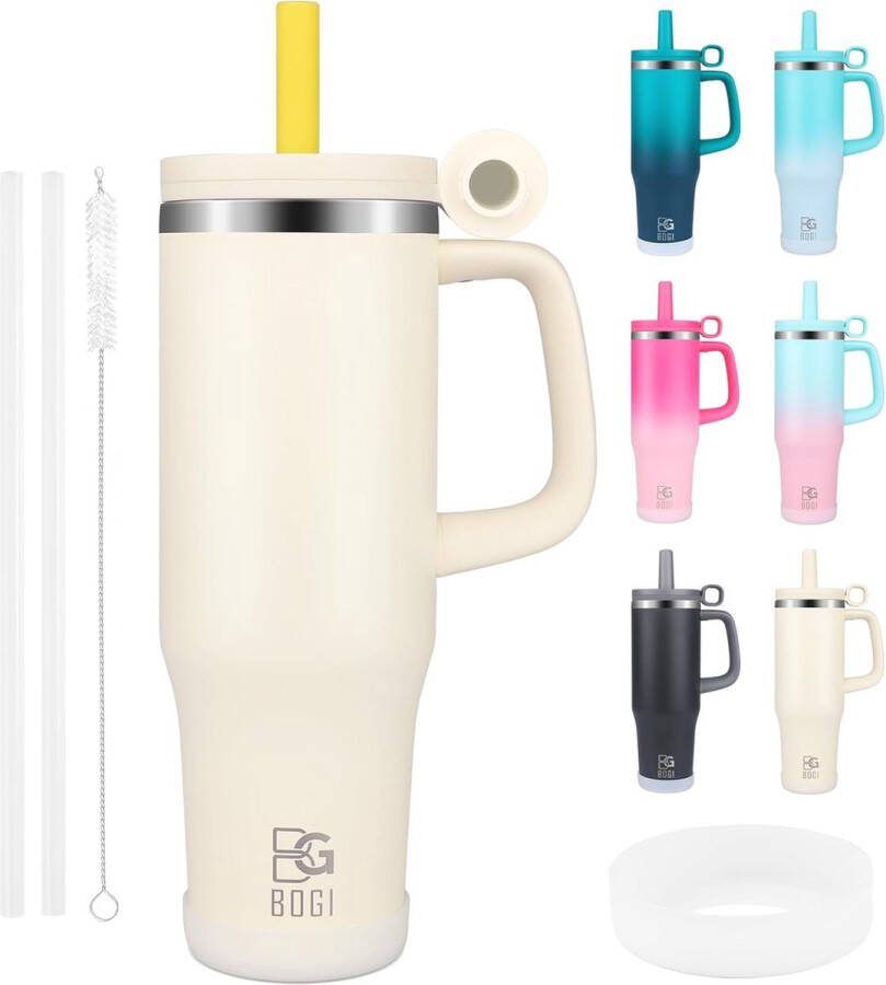 Thermobeker met rietje en handvat 1200 ml koffiebeker voor onderweg met deksel roestvrijstalen isolatiebeker met handvat lekvrij tuimelbeker draagbare autobeker tumbler beker reisbeker