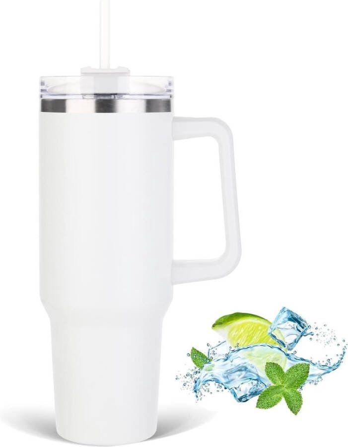 Thermobeker met rietje en handvat dubbelwandige roestvrijstalen vacuüm-isolatiebeker met deksel autobeker tuimelbeker koffiebeker voor warme en koude dranken wit
