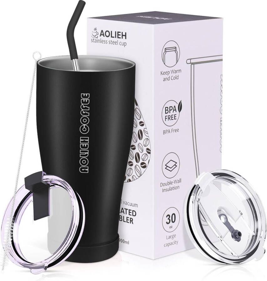 Thermobeker met rietje koffiebeker-to-go met 2 deksels dubbelwandige roestvrijstalen vacuüm-koffiemok voor warme en koude dranken zwart 850 ml