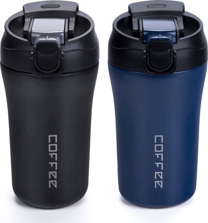 Thermobeker To Go 400 ml set van 2 roestvrij staal lekvrij reisbeker met rietje dubbelwandige isolatiebeker voor koffie thee glühwein warm en koud zwart en blauw