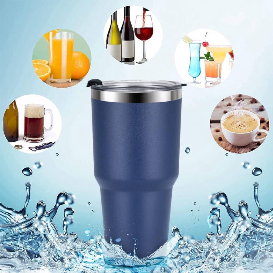 Thermobeker voor mannen en vrouwen autobeker koffiebeker-to-go roestvrijstalen beker met rietje en deksel dubbelwandige vacuüm geïsoleerde drinkbeker campingbeker 900 ml marineblauw