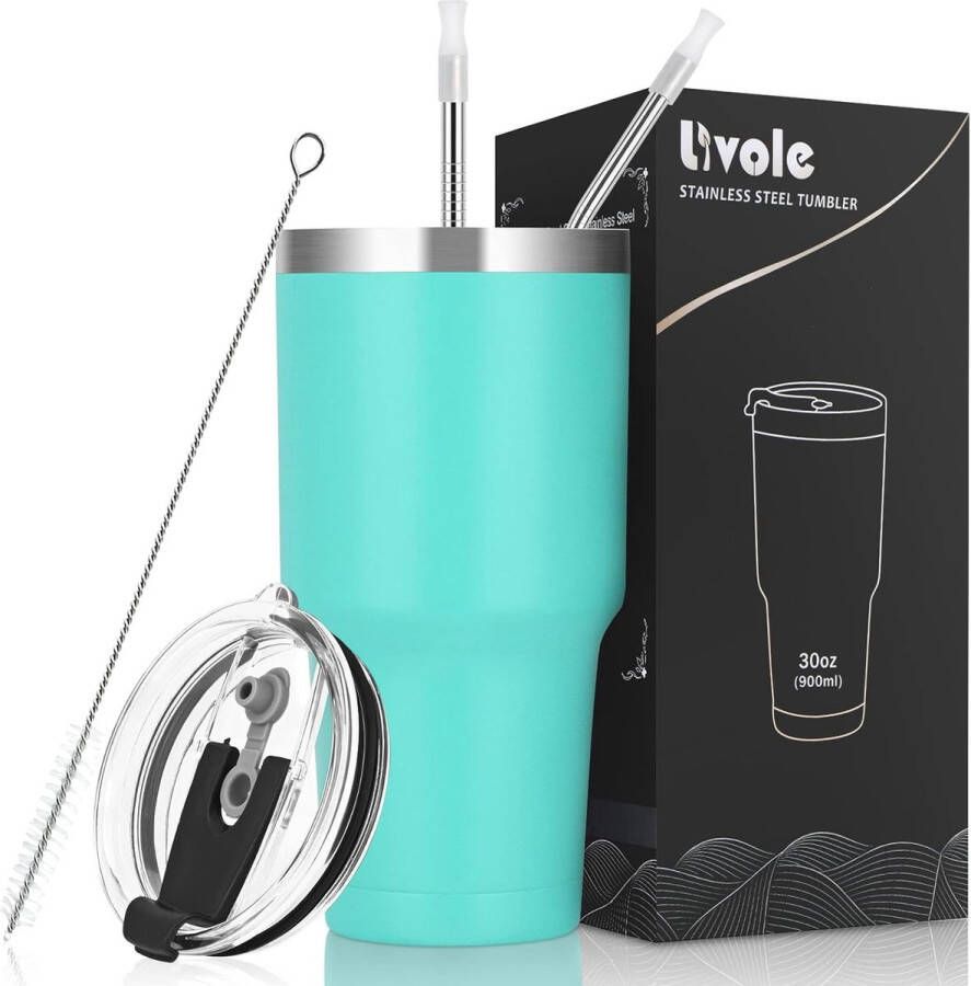 Thermobeker voor mannen en vrouwen autobeker koffiebeker-to-go roestvrijstalen beker met rietje en deksel dubbelwandige vacuüm geïsoleerde drinkbeker campingbeker 900 ml turquoise