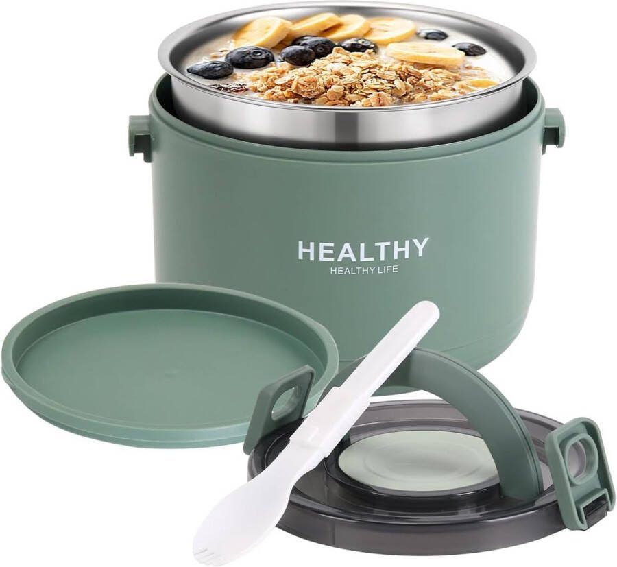 Thermocontainer voor eten 1000 ml roestvrij staal warmhoudcontainer voor eten en kinderen thermische lunchbox met gespafdekking voor soep muesli stoofpot (groen)