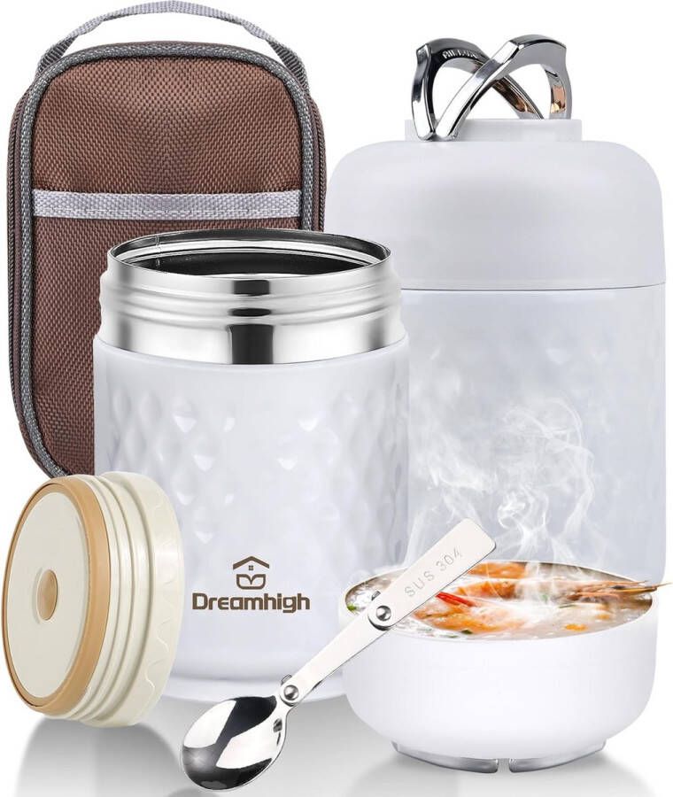 Thermocontainer voor eten 700 ml roestvrij staal warmhoudcontainer voedselpot voor eten met draagbare draaggreep thermosfles eten lekvrij 12 uur warm 12 uur koud (wit)